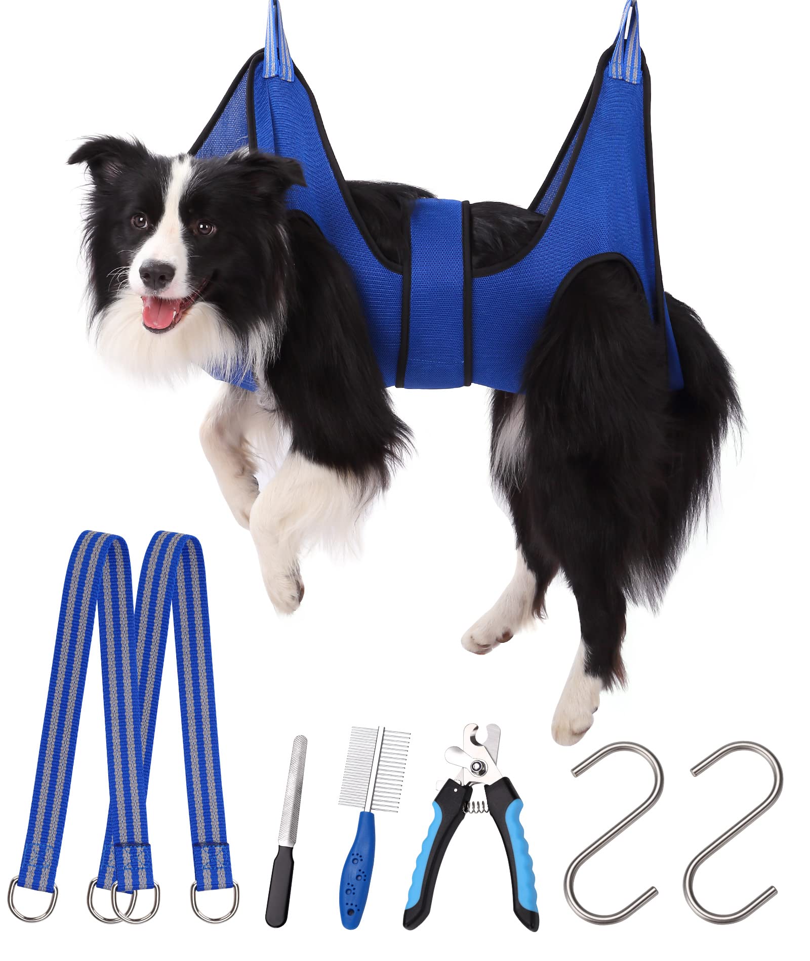 Kkiimatt Dog Grooming Hammock Pet Harness for X-Large Dogs, Breathable with Clipper, Supplies Sling Nail Clipping/Trimming (XL), blue