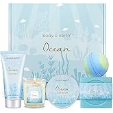 Gifts for Women, Bath and Body Womens Gift Sets with 5 Pcs Ocean Scented Spa Gifts for Women Bath Gift with Scented Candle Body Butter Hand Cream Bath Bomb Valentine‘s Day Gifts