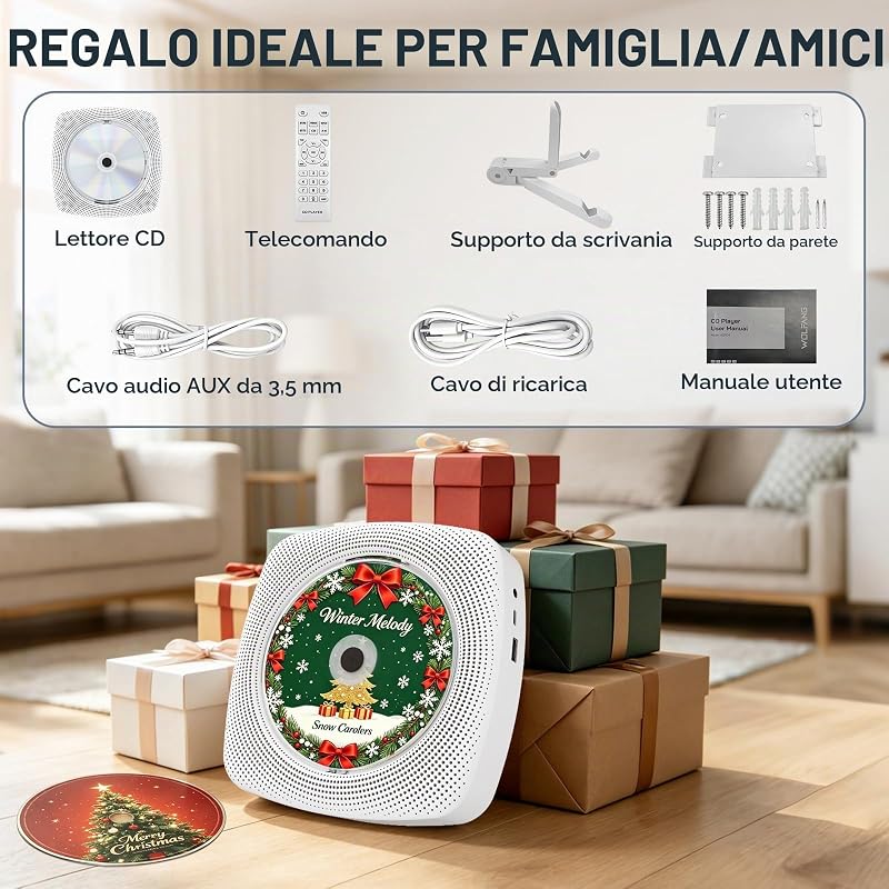 Lettore CD portatile WDV04 per casa e outdoor, Bluetooth con altoparlanti, batteria ricaricabile 4000 mAh, radio FM, USB, telecomando, montaggio a parete e supporto da tavolo