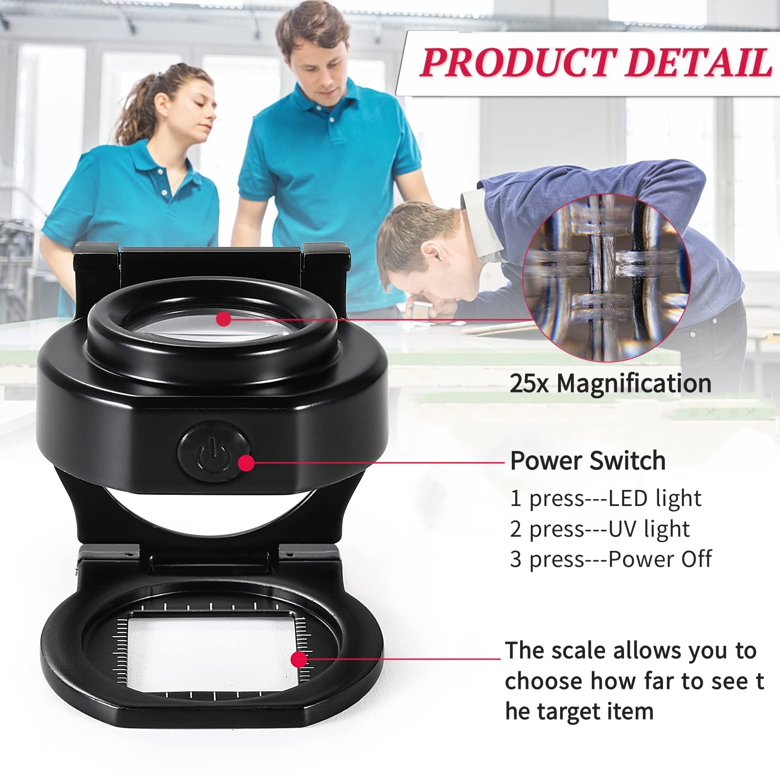 25X Loupe Magnifier with 6 Light, USB Rechargeable Three-Folding Desktop Portable Metal Eye Loupe Scale Sewing Magnifing Glass for Textile Optical Jewelry Tool Coins Currency