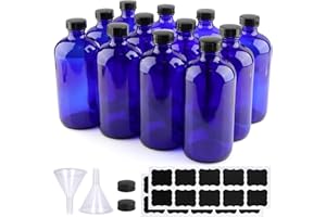 PINIWON 12 Pack 16 oz Cobalt Blue Glass Bottles, Boston Round Sample Bottles with Black Poly Cone Caps, Labels and Funnels