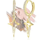 Sterling Silver Star Hoop Dangling Earrings - Hypoallergenic Sparkling Cubic Zirconia Star-Shaped Dangle Earrings for Mom Wife