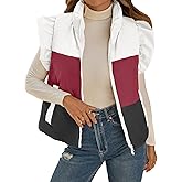 Tankaneo Womens Puffer Vest Ruffle Sleeveless Zip Up Quilted Jacket Color Block Winter Warm Padded Gilet Coats