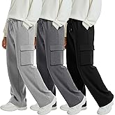 LessonZoo 3 Pack Boys' Cargo Sweatpants Drawstring Elastic Waist Joggers Kids Youth Athletic Hiking Pants with 4 Pockets