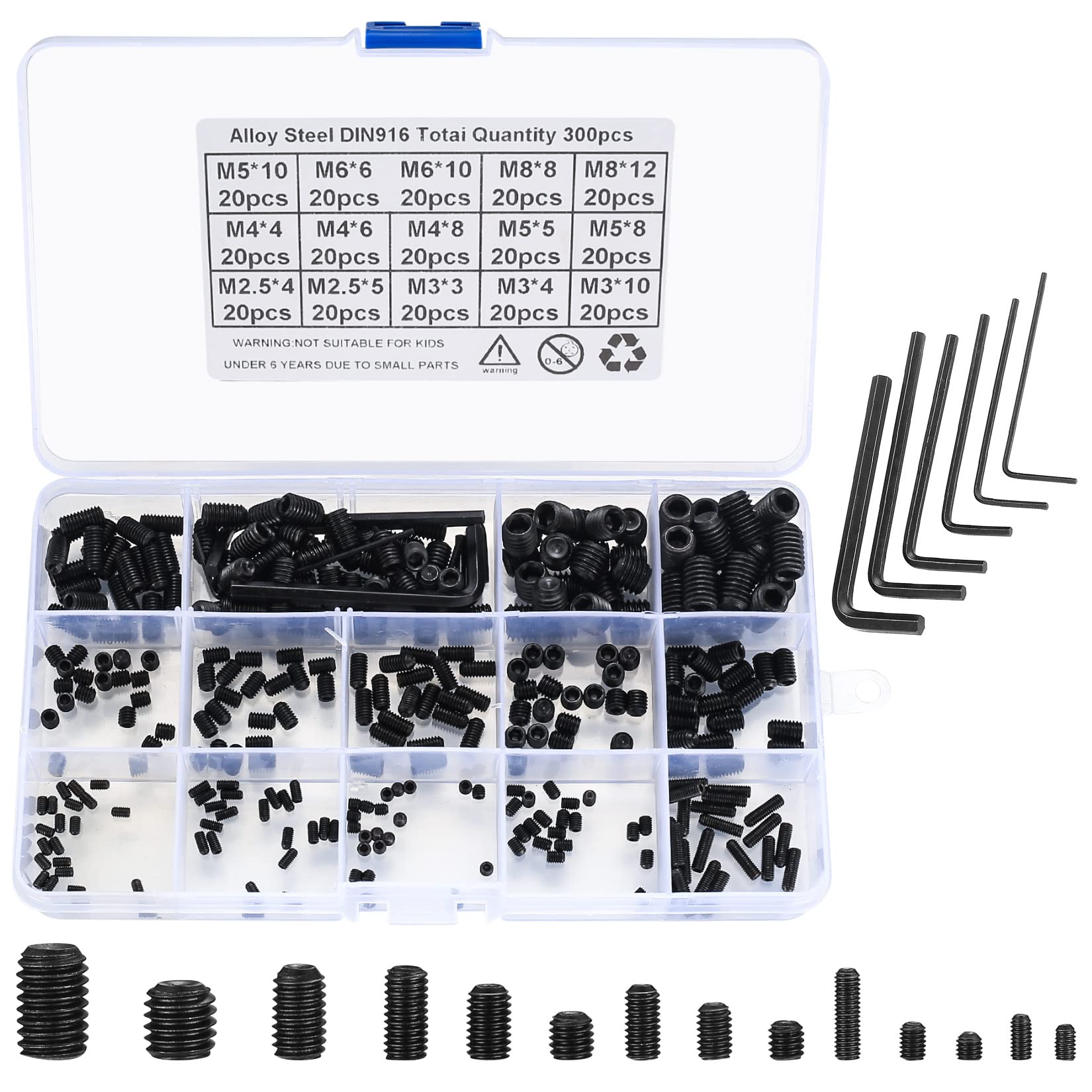 300 Pcs Grub Screws Assortment, Carbon Steel Metric Fasteners Screws Kit, M2.5/M3/M4/M5/M6/M8 Threaded Hex Head Socket Screws for Door Handles, with 5 Pcs Allen Key