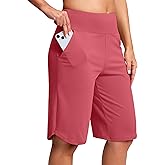 SANTINY 12" Long Bermuda Shorts for Women Knee Length with Pockets High Waisted Stretch Shorts for Summer Walking