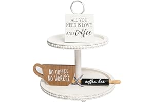 GENMOUS & CO. GenMous Farmhouse 2 Beaded Tiered Tray Stand, Tiered Tray Decor with 3pcs Accessories for Home, Two-Tiered Decorative Trays for Coffee Counter, Kitchen Table Décor