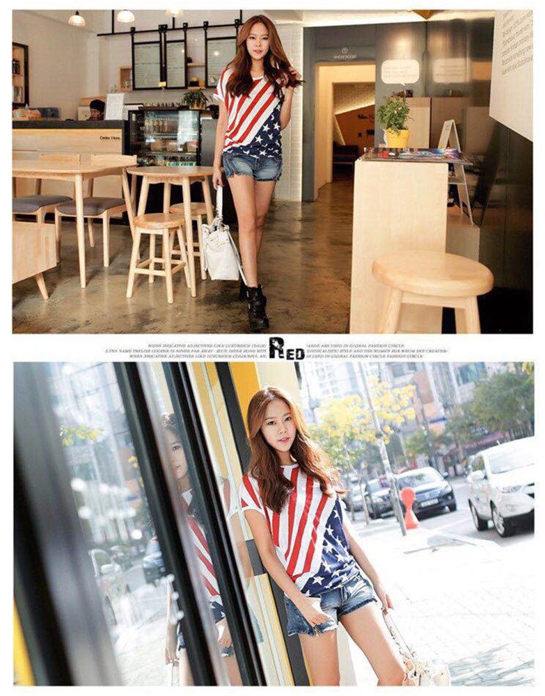 CM-Light Womens Ladies American Flag Print Tee Shirt USA Batwing Tops T-Shirt