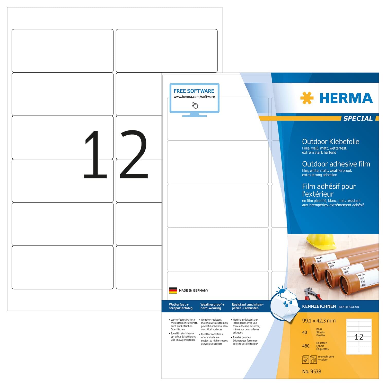 HERMA Self Adhesive Film Labels, 12 Labels per A4 Sheet, 40 Sheets, 99.1 x 42.3 mm, 480 Labels, Blank Weatherproof Labels Stickers, Sticky Labels for Laser & Inkjet Printer, White