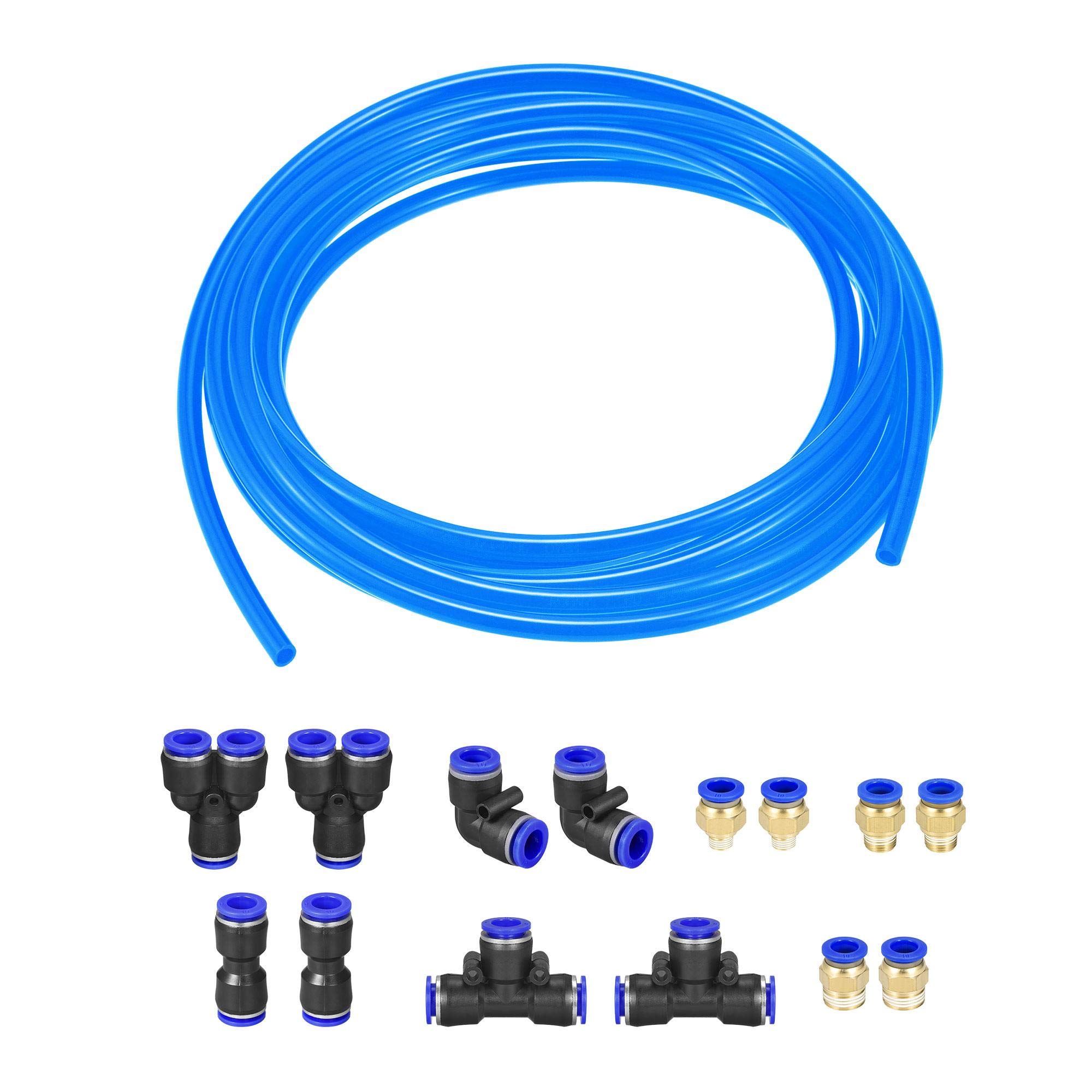 sourcing map Pneumatic Air Hose Tubing PU Air Compressor Tube 6.5mmID x 10mmOD x 10m Pipe Blue with 7 Type Connect Fittings