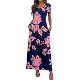 HAOMEILI Women's Short Sleeve Loose Empire Waist Maxi Dresses Casual Long Dresses with Pockets L-Pink FL Navy