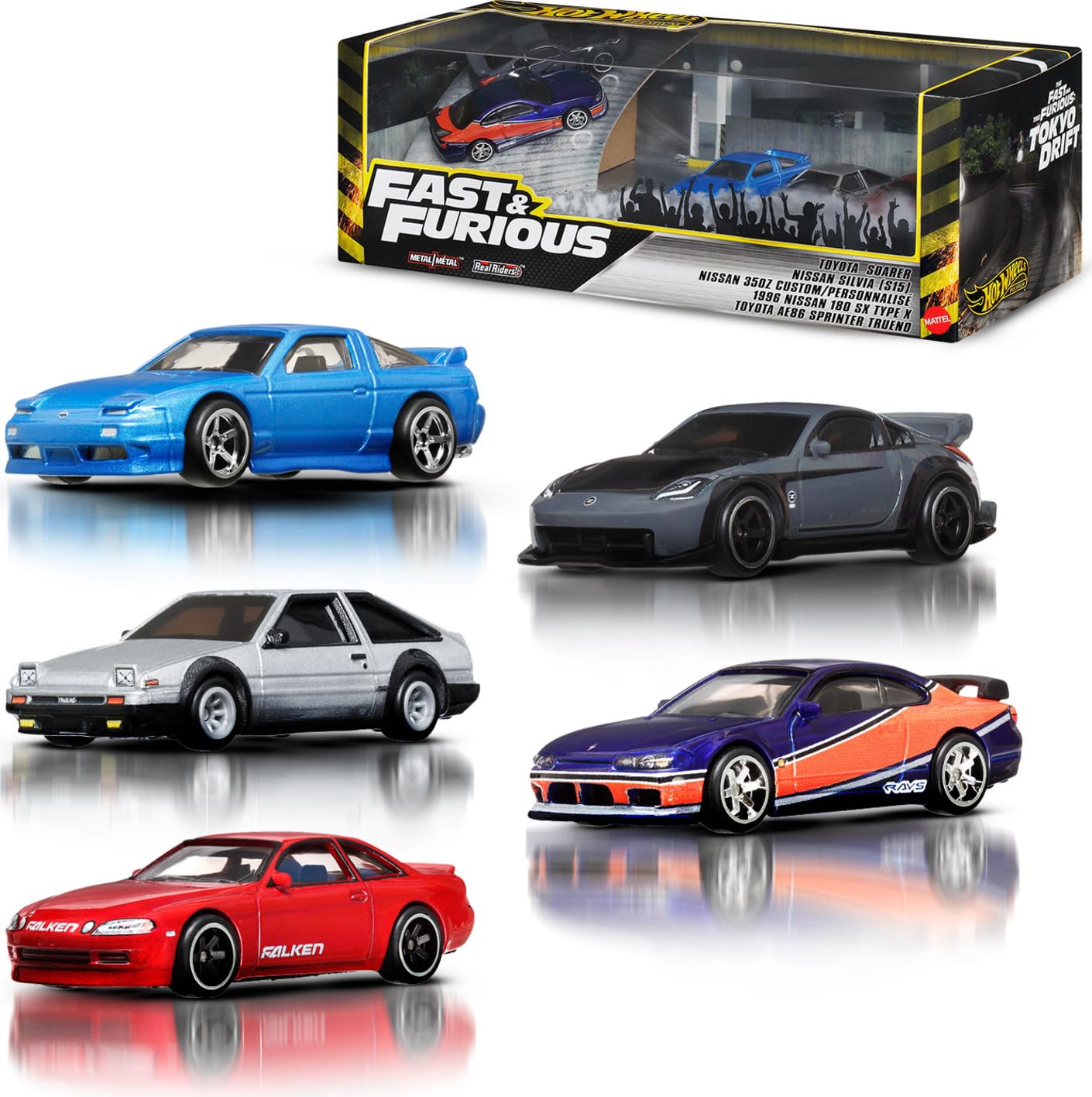 Photo 1 of Hot Wheels Toy Cars, Premium Fast & Furious Tokyo Drift Bundle, 5 1:64 Scale Die-Cast Vehicles from The Fast Movie in Collectable Packaging
