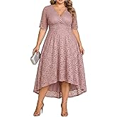 Plus Size Wedding Guest Dress - Lace Cocktail Formal Faux Wrap V Neck High Low Short Sleeve Party Maxi Dresses