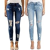 Women Mid Waist Skinny Stretch Ripped Jeans Destroyed Denim Pants Plus Size (Pack of 2)