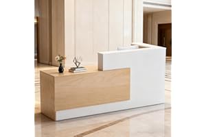 YORKGARGEN L-Shaped Large Wooden Reception Desk, Modern Front Desk Reception Counter with Lockable Drawers & Storage & Keyboard Tray, for Checkout, Lobby (Right-Natural Wood/White, 71''L x 42''W x 41''H)