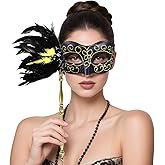 BEARAE Masquerade Mask for Women with Stick, Feather Venetian Masks, Costume Mask for Mardi Gras Gatsby Party Decoration