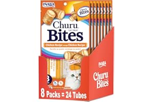 INABA Churu Bites for Cats, Soft Baked Chicken Churu Filled Cat Treats with Vitamin E, 0.35 Ounces Each Tube, 24 Tubes Total (3 per Pack), Chicken Recipe
