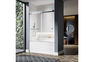 UNIKOO Double Sliding Frameless Bathtub Doors - Fits 61"-65" Widths, 66" Height - 3/8" Tempered Glass - 5 Hardware Finishes - Brushed Nickel, Chrome, Matte Black, Satin Brass, Space Gray, MBL