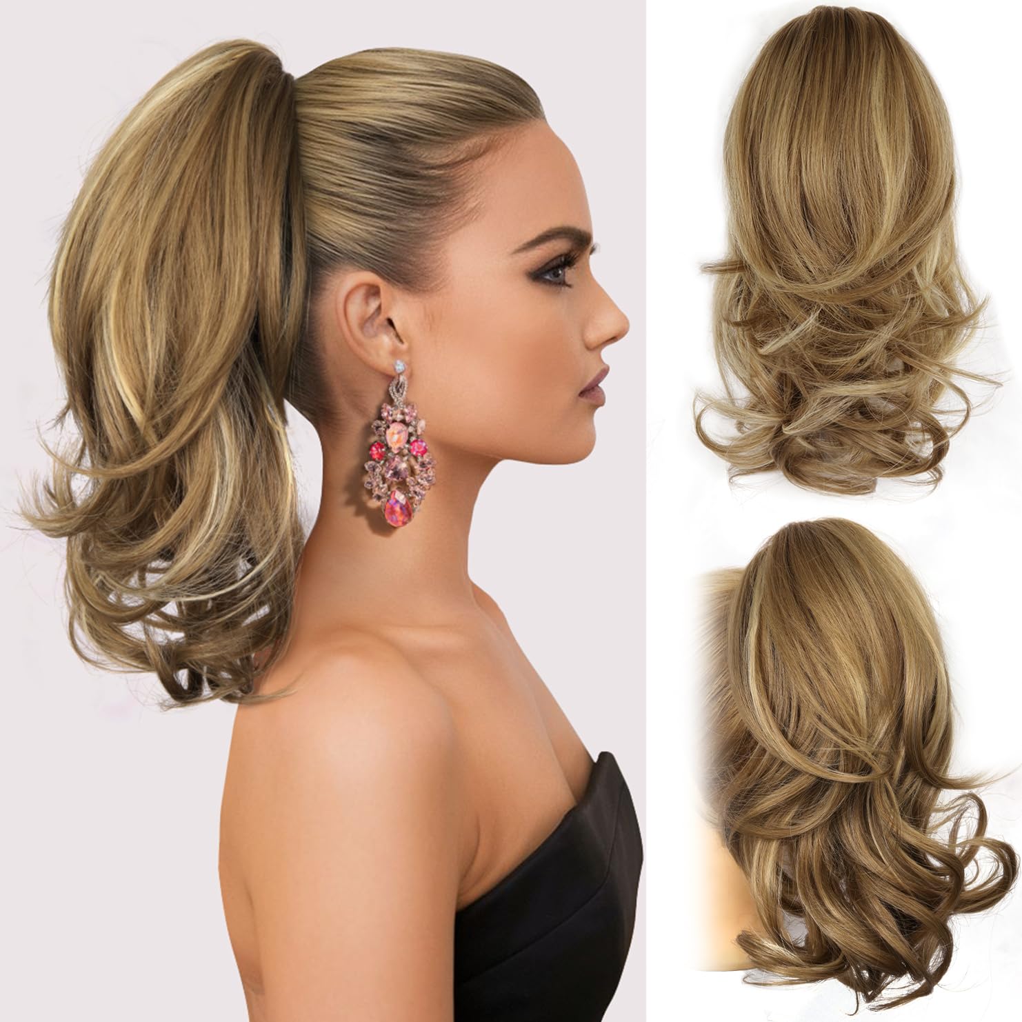 Photo 1 of 14 Inch Ponytail Extension - Wavy Pony Tails Hair Extensions, Claw Clip Ponytail Extension, Synthetic Hair Extensions Ponytail, Clip on Ponytails for Women (Light Brown With Beige Highlights)