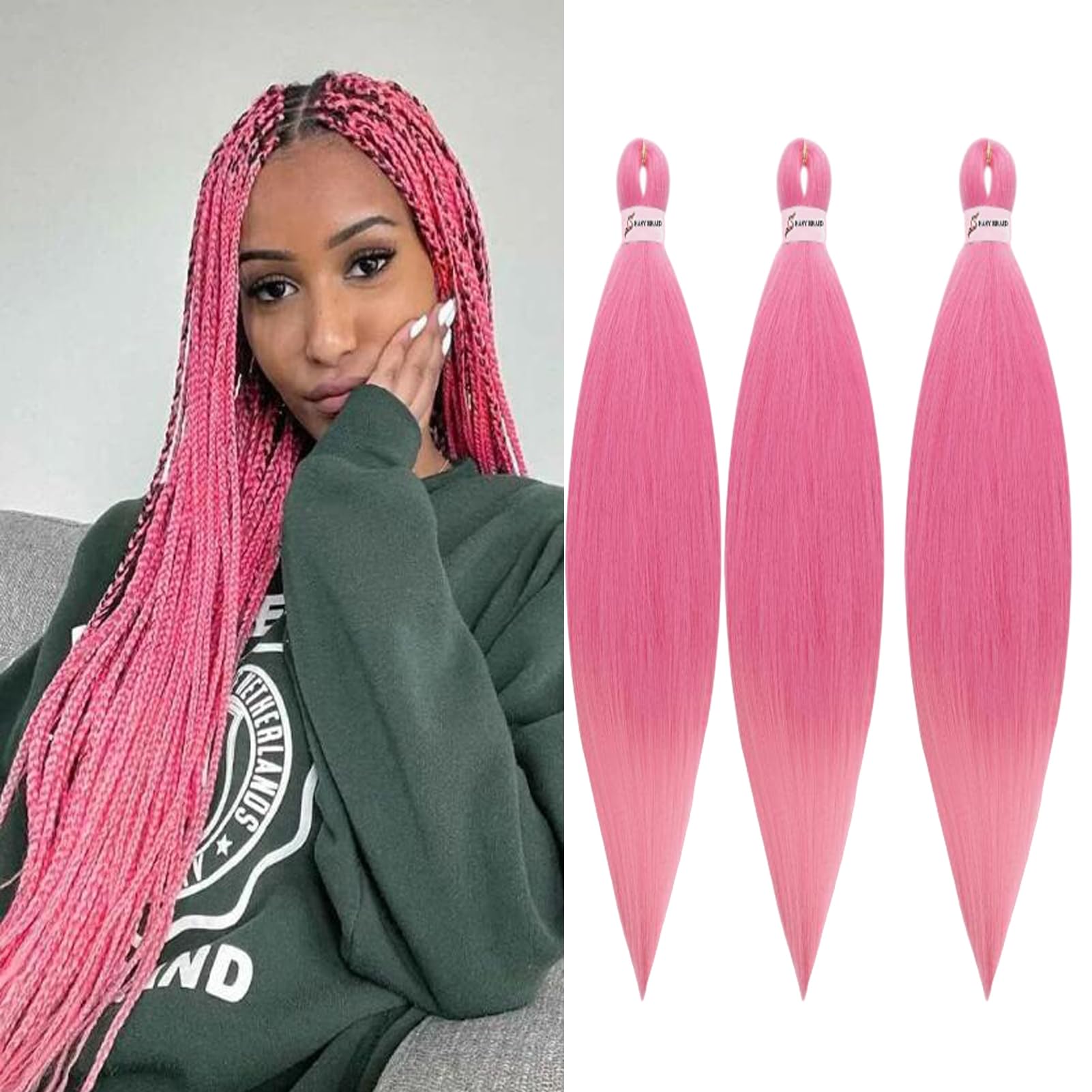 Synthetic Yaki Braiding Hair Ponytail Pre-Stretched Braiding Hair Extensions Easy Braids Hairpieces Crochet Straight Hair 26 inch 3 packs/lot (#Pink, 26Inch)