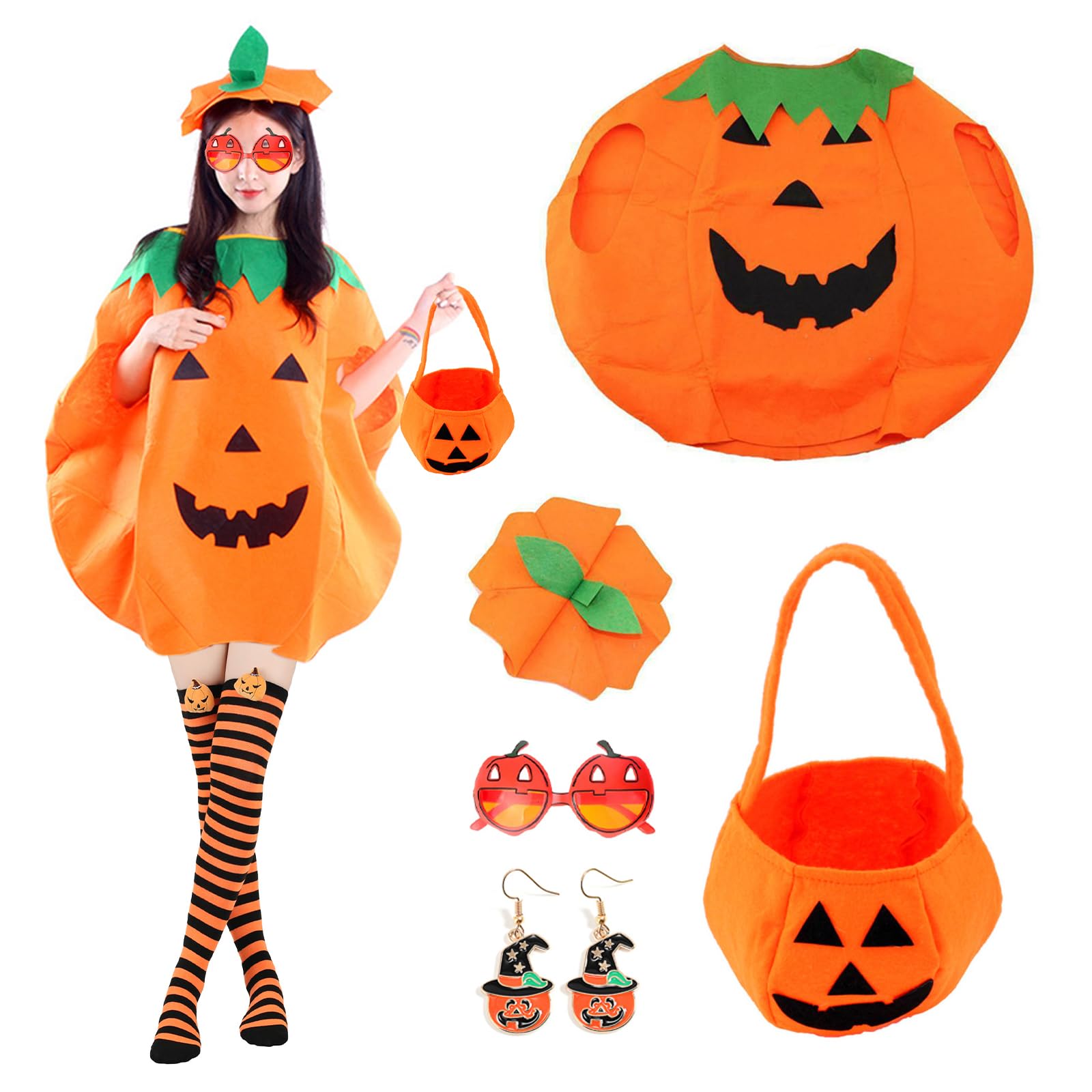 Halloween Pumpkin Costume for Adult, Funny Pumpkin Outfit with Pumpkins Hat Candy Bag Thigh High Stockings Glasses Earrings Halloween Party Fancy Dress Clothes Outfits for Halloween Cosplay
