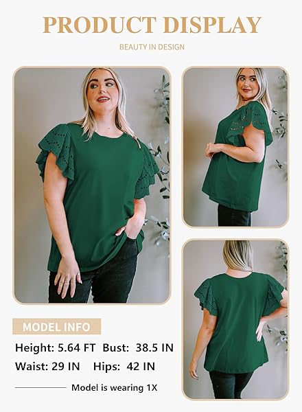 EYTINO WOMENS PLUS SIZE CASUAL SUMMER ROUND NECK HOLLOW OUT RUFFLE SHORT SLEEVE T SHIRTS TOPS,2X GREEN 109