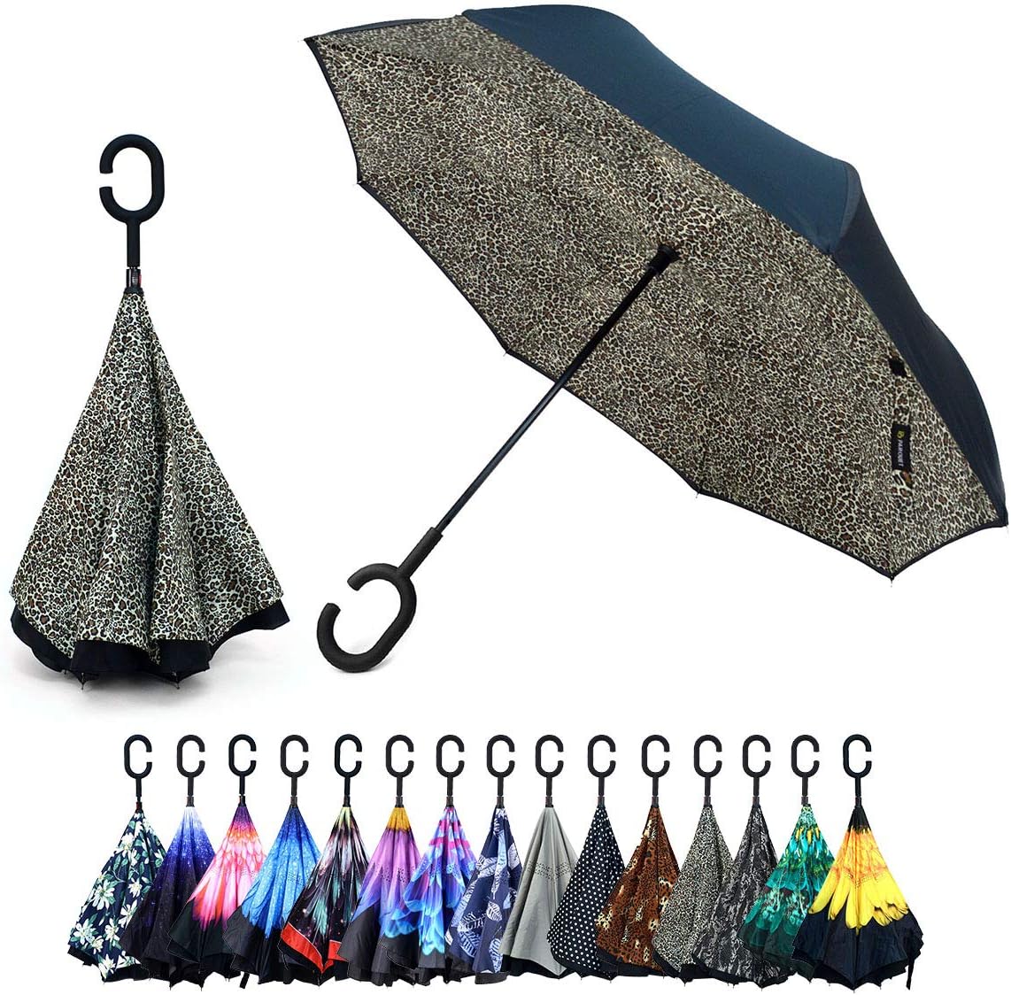 Leopard Print Double Layer Inverted Umbrellas - C Shaped Handle Reverse Folding Windproof Umbrella for Men and Women