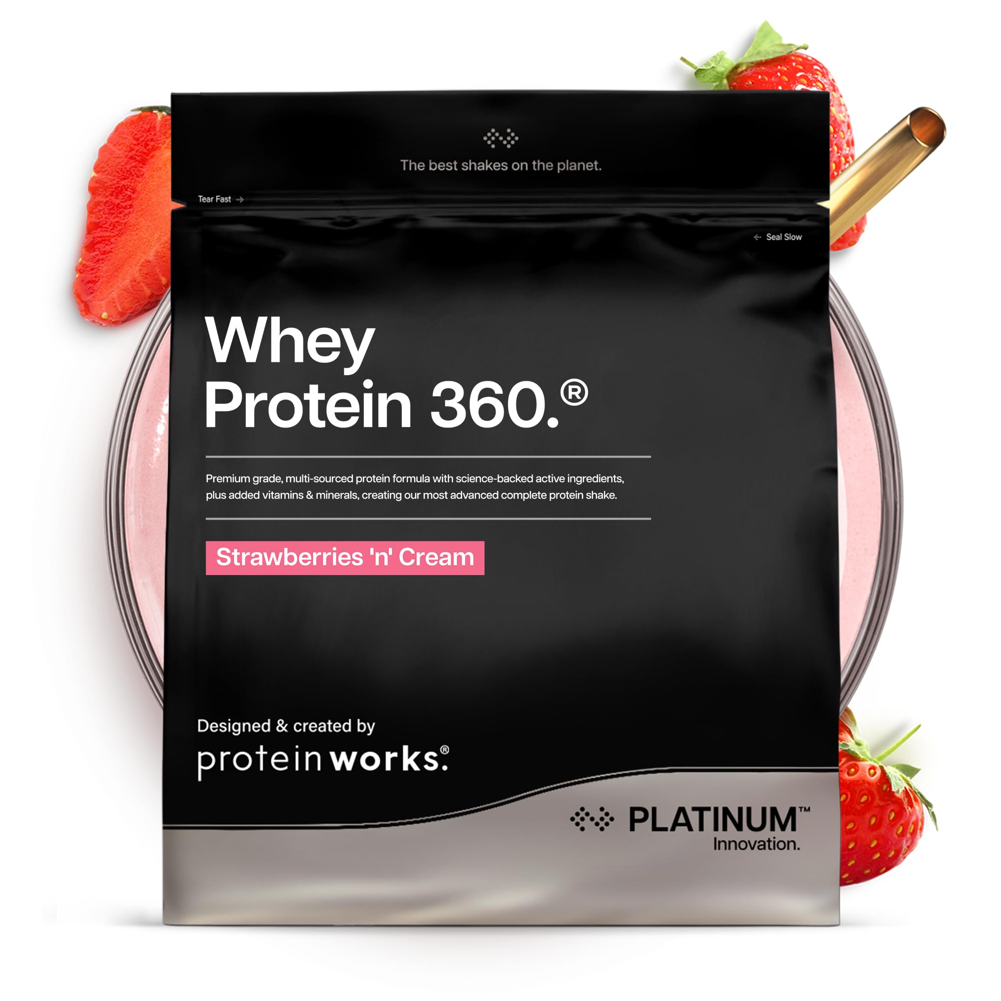 Protein Works | Whey Protein 360 - Platinum Innovation, Premium Whey Protein Blend, Electrolytes, Probiotics, Digestive Enzymes, 26 Vitamins & Minerals, Strawberries 'n' Cream, 17 Servings, 600g