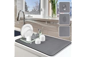 ETOMIEL Dish Drying Mat for Kitchen Counter, 16"x24" Dish Drying Pad with Non-slip Rubber Backed, Hide Stain Anti Absorbent for Kitchen Counter, Drying Mat for Coffee Machine Dish Rack (Grey)