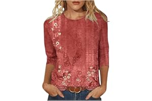 CAWRUGA Women's Tops Summer Casual 3/4 Sleeve T Shirts Loose Fit Round Neck Blouses Floral Print Graphic Tees