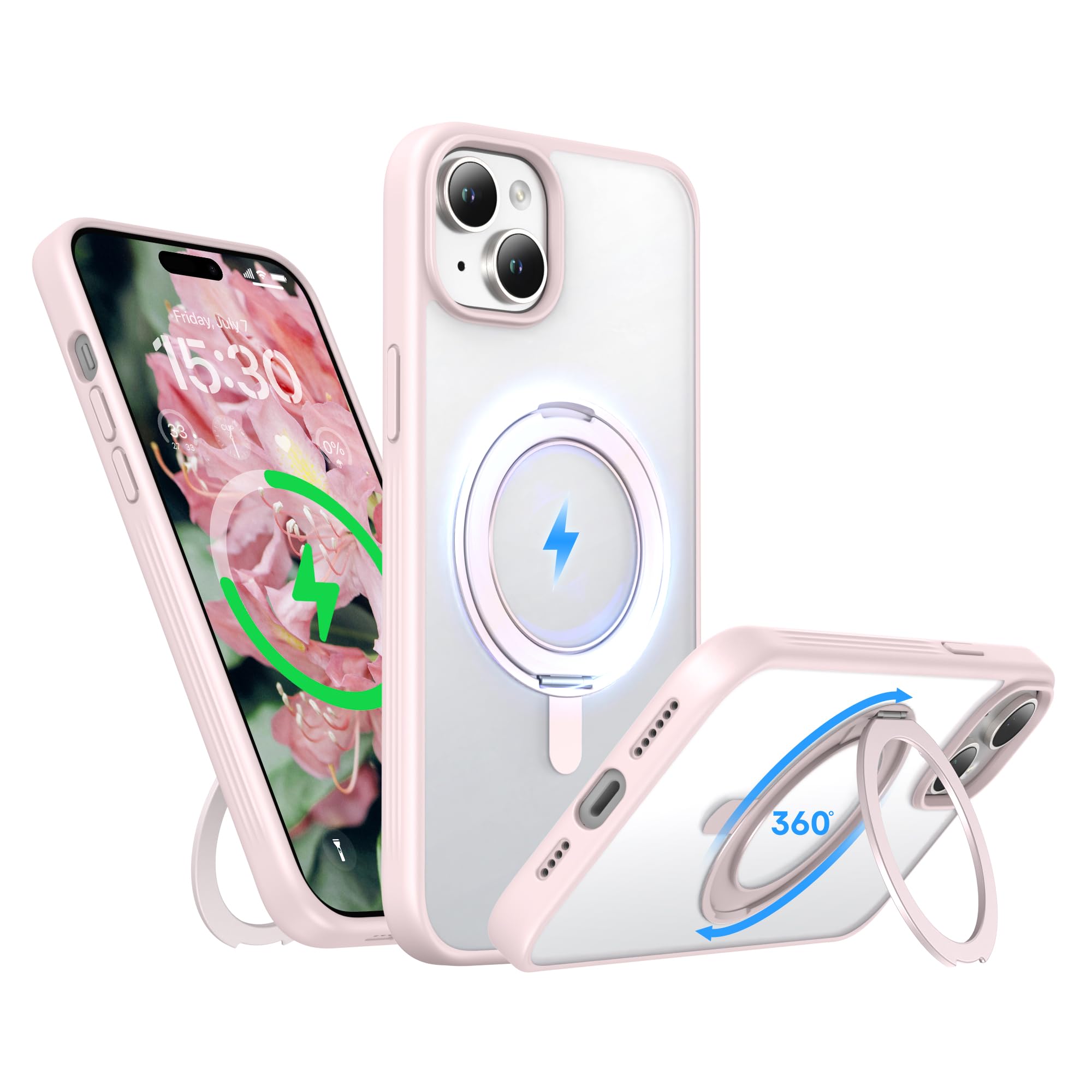 Niunisi Stand for iPhone 15 Plus Case, [Compatible with Mag Safe] 360° Rotatable Ring Holder Kickstand Military Shockproof Protective Case for iPhone 15 Plus 6.7 Inch, Pink