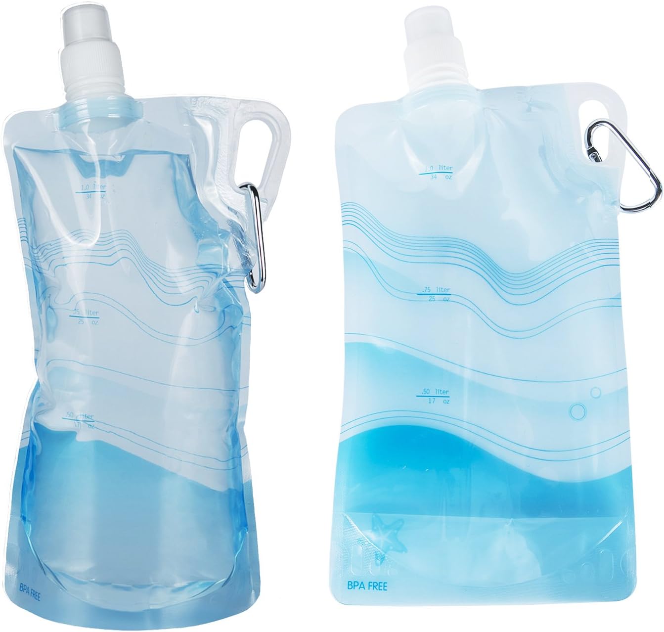 Collapsible lightweight Water Bottle with carabiner and handle, 1L (34oz) 2 pack, BPA free Sports Canteen, 28mm bottle neck fit with well-known mini water filters