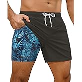 Gleeease 7inch Mens Swim Trunks: 2 in 1 with Compression Liner Stretch Quick Dry Drawstring Shark Pockets Beach Pool Vacation