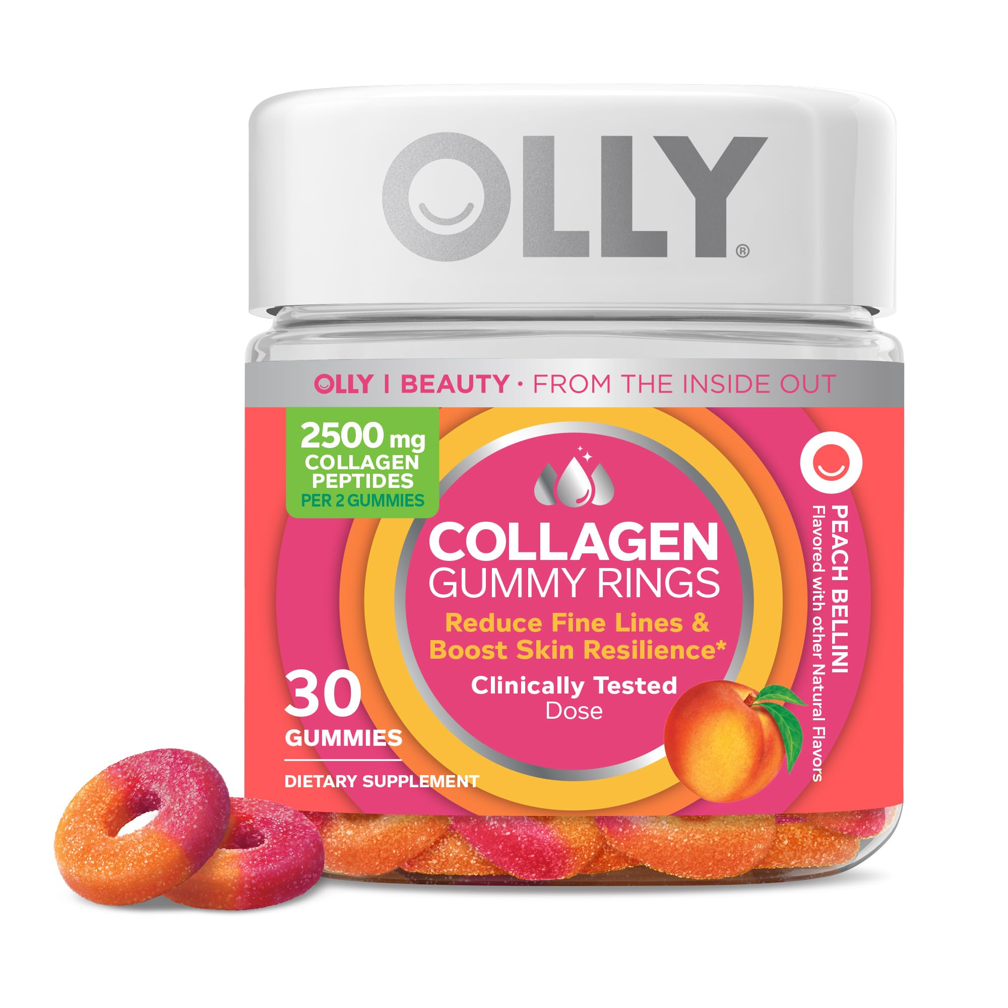OLLY Collagen Gummy Rings, Supports Skin Elasticity and Firmness, 2.5g Collagen, Clinically-Tested, Peach, 15 Day Supply - 30 Count