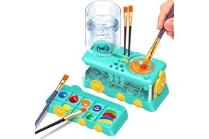 WZWXXQ Paint Brush Cleaner with Paint Tray, Water Circulation Brush Rinser with Brush Holder, Watercolor/Oil and Water-Based Paint Brush Cleaner Tool, 400ml Capacity, Train Design, Gift for Artist Beginners