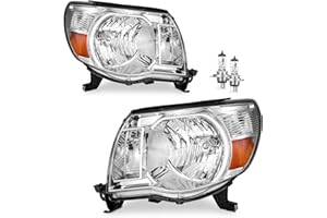KarSpareHub Headlights Assembly Compatible with 2005-2011 Toyota Tacoma Headlamp Replacement Chrome Housing Amber Reflector Driver & Passenger Side