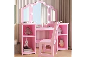 GARVEEHOME Kids Vanity with Lights, Princess Makeup Vanity Desk with Storage Cabinet & Touch Light Detachable Tri-Folding Mirror, 2 In 1 Toddler Vanity Table & Chair Set Wooden Girls Vanity Dress Table for Girls
