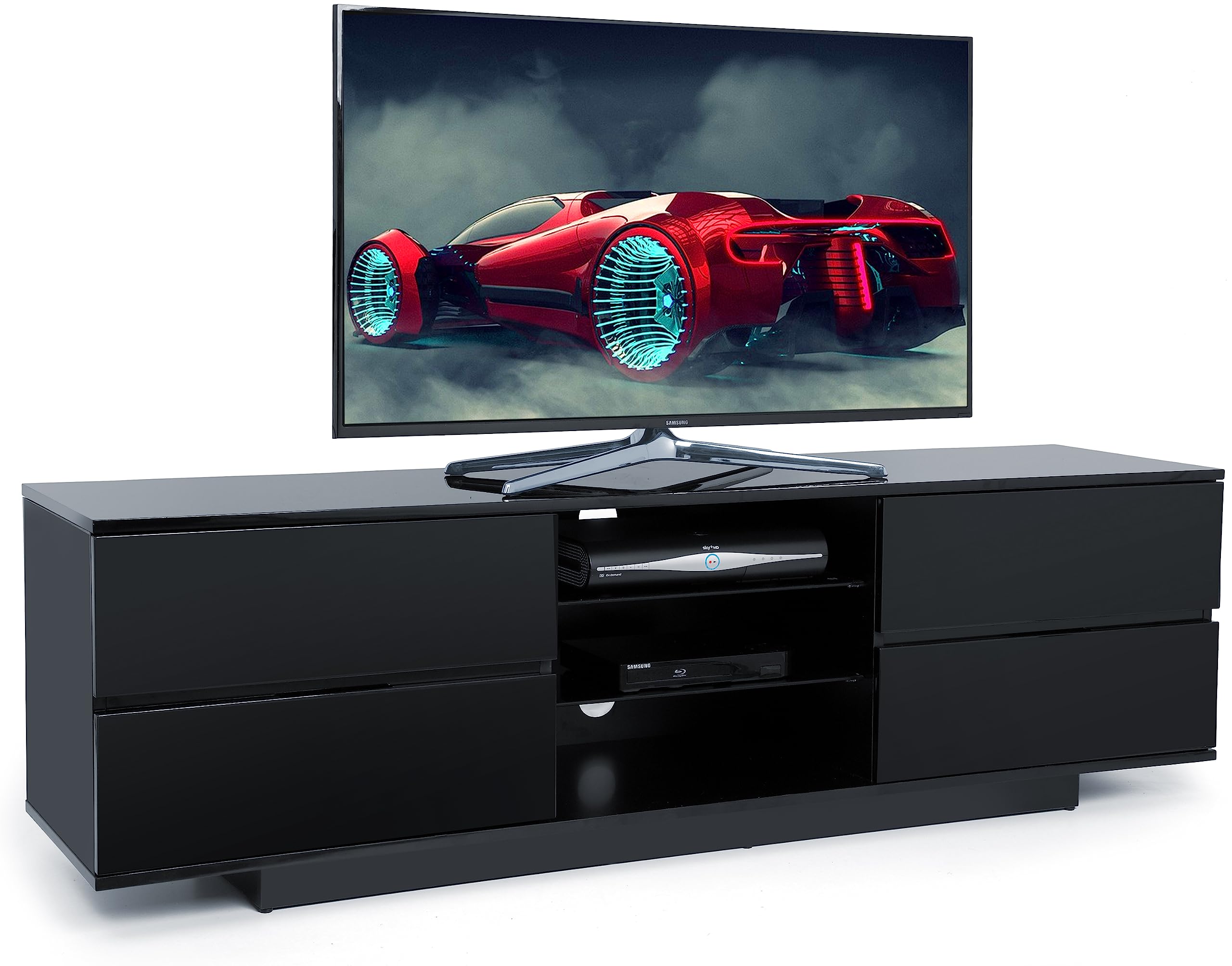 Centurion Supports Avitus Premium High Gloss Black with 4-Black Drawers & 3-Shelf 32"-65" LED/OLED/LCD TV Cabinet - Fully Assembled