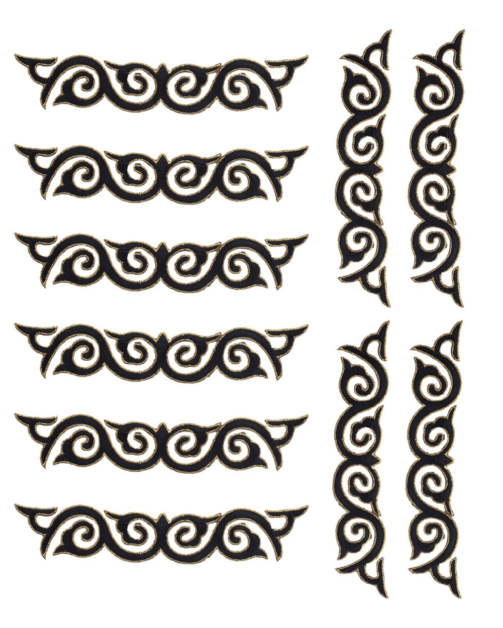 Photo 1 of 10 Pieces Swirl Embroidered Applique with Gold Trimming Scroll Iron on Patch Vine Border Lace Fringe Edge for Medieval Costume Wedding Dress Pillow Sewing Accessories (Black)