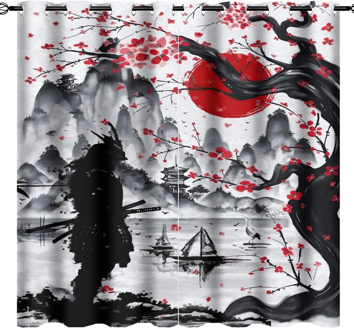 Outdoor Curtains - Retro Japanese Ultra Soft Premier Blackout Curtains,Watercolor Ink Samurai Red Sun Mountain Cherry BlossomsThermal Insulated Bedroom Noise Reducing Patio Door Grommet Top,2 Panels 84L x 42W