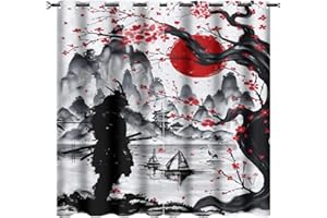 KAZYNEE Retro Japanese Ultra Soft Premier Blackout Curtains,Watercolor Ink Samurai Red Sun Mountain Cherry BlossomsThermal Insulated Bedroom Noise Reducing Patio Door Grommet Top,2 Panels 84L x 42W