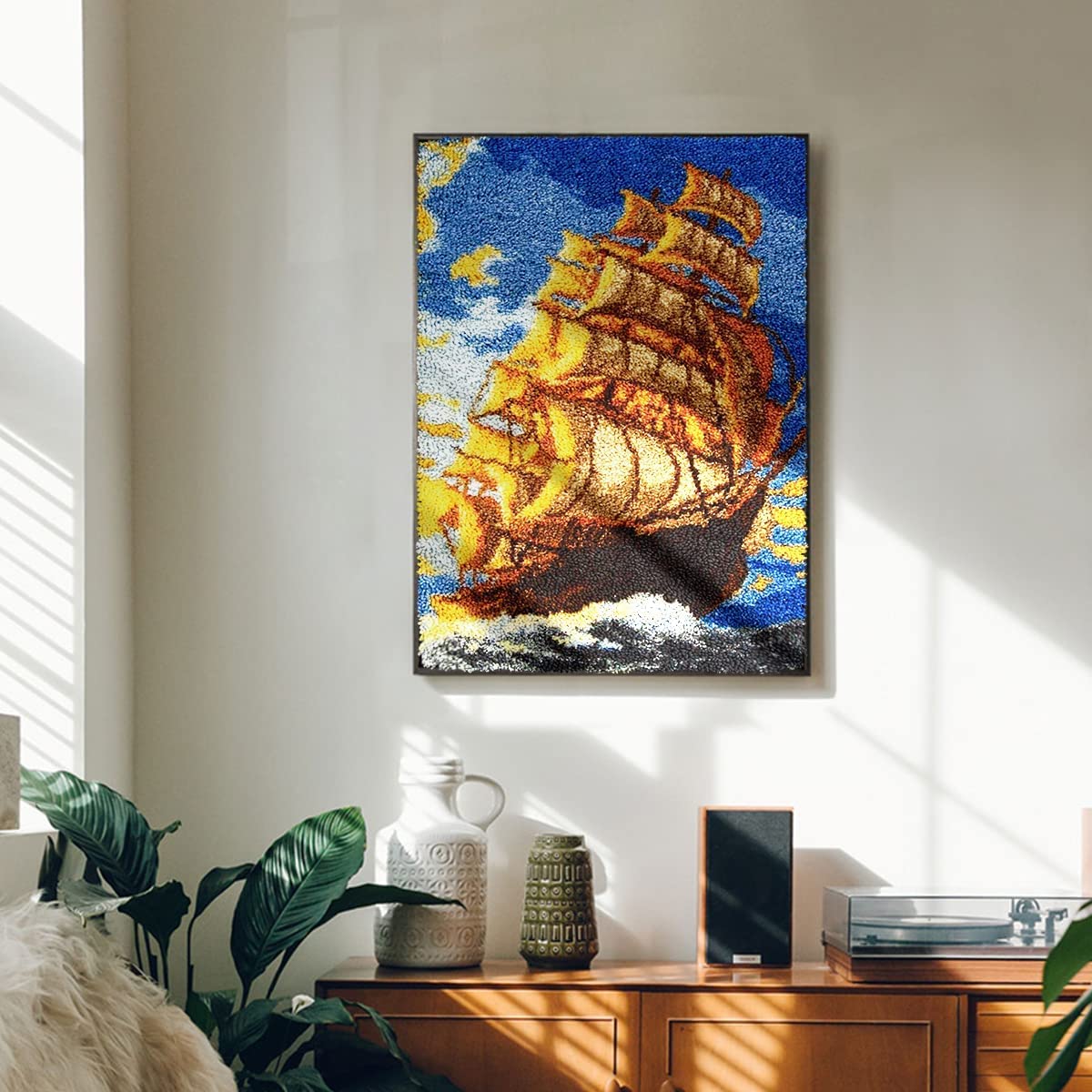 Nautical Latch Hook Rug Kit, Sailing Ship Pattern 60x40CM, DIY Latch Hook Rug Kit, Large Wall Hanging Carpet for Home, Rug Making Kits Cross Stitch Embroidery Kits Needlework Crafts Kit — image 1