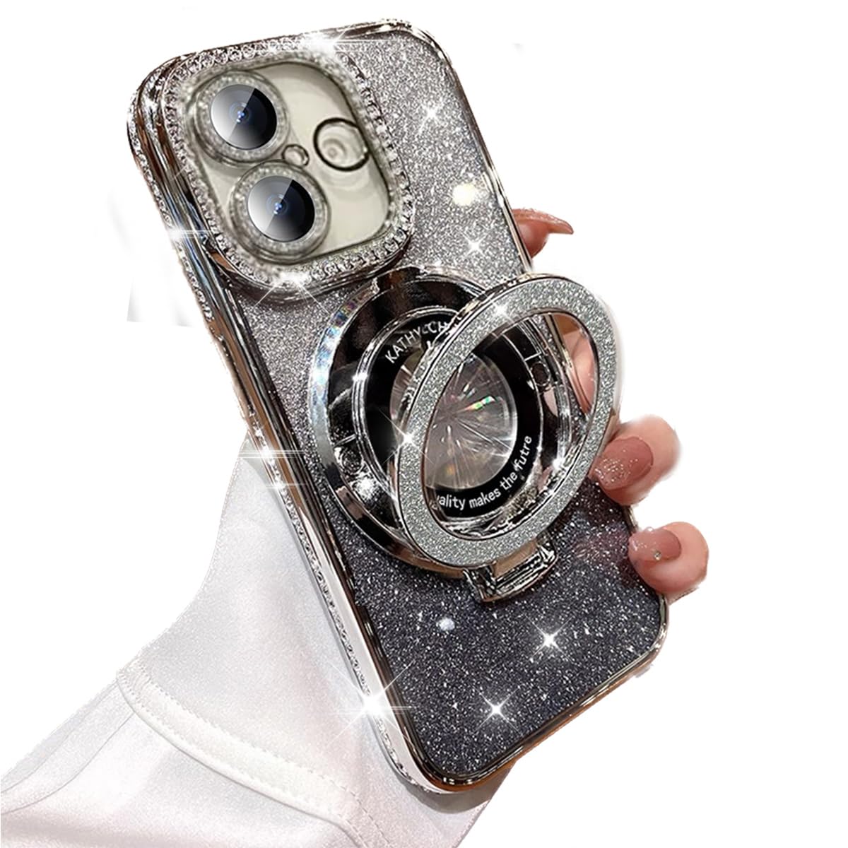 AuroiCCY for iPhone 16 Plus Case with Kickstand, Compatible with Magsafe Shockproof Bling Diamonds Ring Holder Camera Lens Protector Girls Woman Glitter Cute Phone Cover for iPhone 16 Plus (Silver)