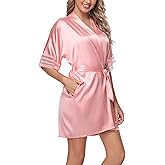 The Bund Lace Robes for Bride Bridesmaid Silk Short Satin Kimono Robe for Women Silky Sleepwear Pink M