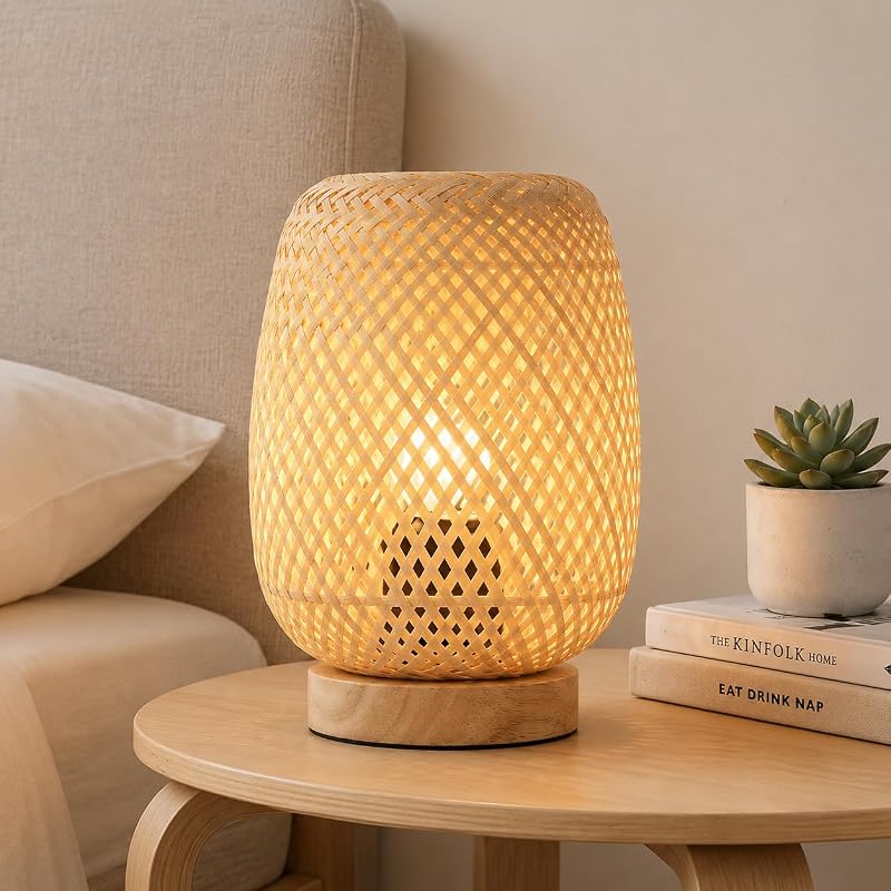 BARCELONA LED – Candeeiro de mesa em vime e madeira "Ruka" – Design feito à mão com abajur em treliça. Rústico, estilo Boho Natural. E27 – Candeeiro de mesa ideal para sala de estar, quarto.