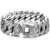 COOLSTEELANDBEYOND Mens Steel Vintage Fancy Curb Chain Bracelet with Tribal Tattoo Pattern, Retro Style, Masculine