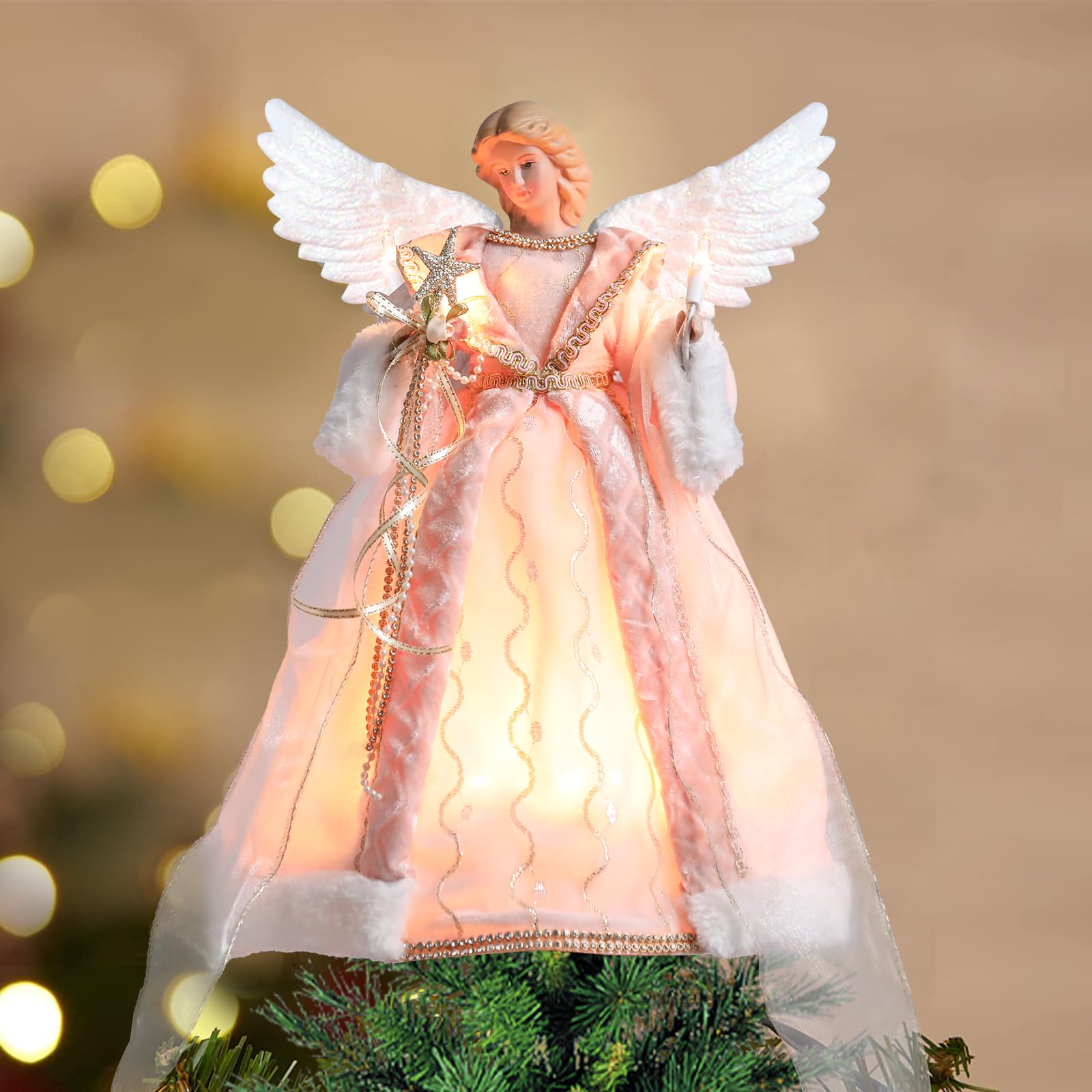 Photo 1 of Yinns Angels Tree Toppers Christmas Decorations,13-Inch Angel Tree Topper for Christmas Ornament Indoor Home Table Top Decor, Pink