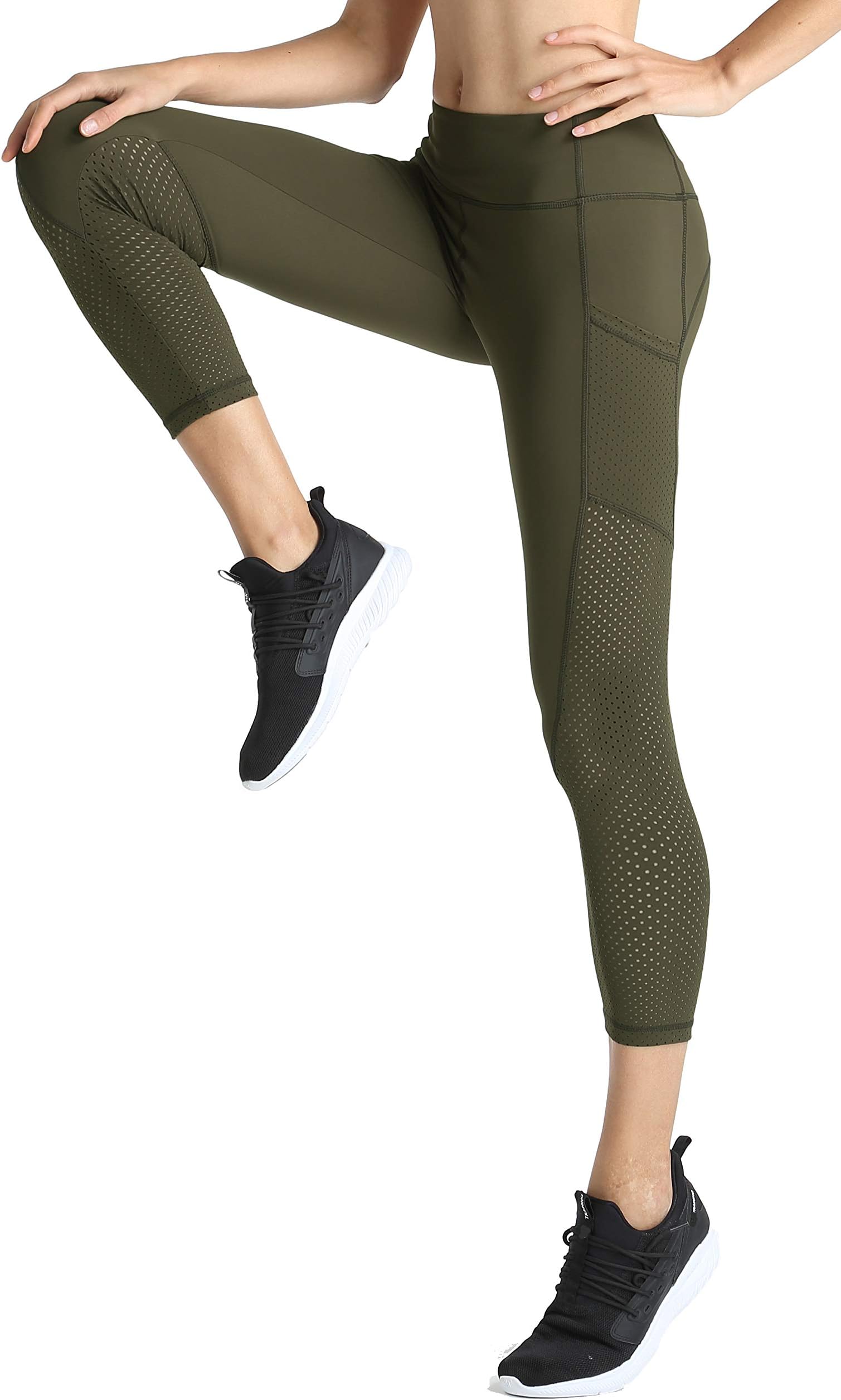 slimour Women Workout Leggings with Pockets Running Capri with Phone Pockets Yoga Pants Mesh