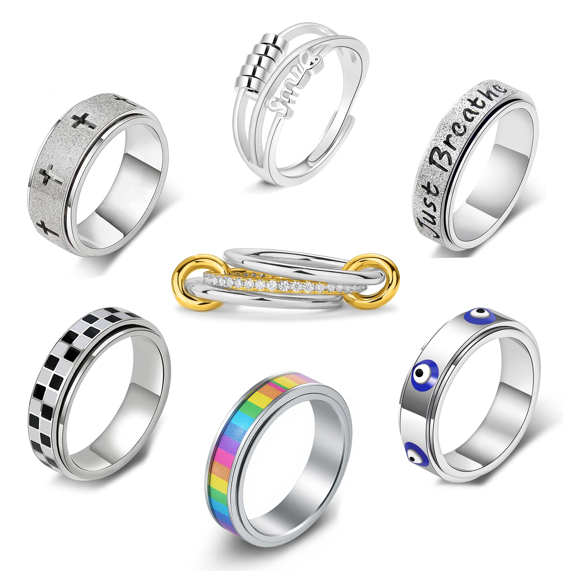 LOFITOR Fidget Rings for Anxiety 7pcs Stainless Steel Spinner Ring Anti Anxiety Ring Spinning Interlocking Cool Stress Relieveing CZ Fold Rings for Women Men Band Rings Set Pattern Silver