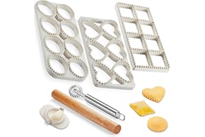 MUMSUNG 8 Pieces Ravioli Maker Cutter Set, Square Round Heart Shaped Ravioli Mold Press, Wooden Rolling Pin, Circle Round Cut